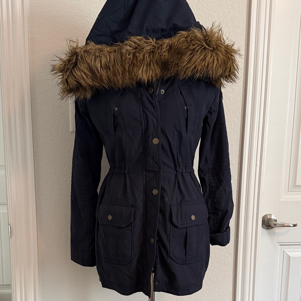 Hollister Dark Blue Utility Jacket with Faux Fur